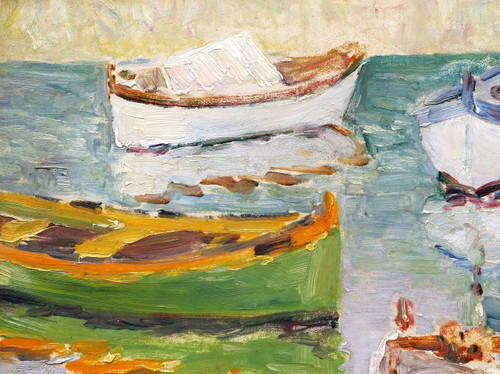 FRANZÖSISCHE Schule um 1910-1920, Boote legten in einem Mittelmeerhafen an