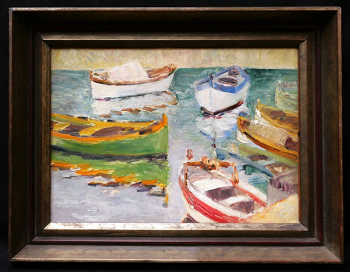 FRANZÖSISCHE Schule um 1910-1920, Boote legten in einem Mittelmeerhafen an