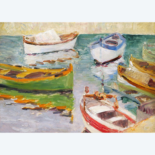 FRANZÖSISCHE Schule um 1910-1920, Boote legten in einem Mittelmeerhafen an