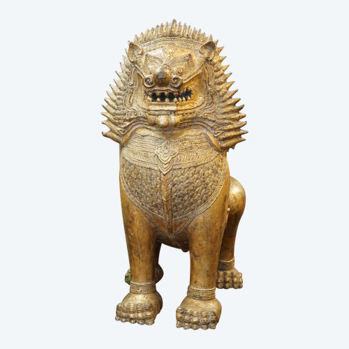 BRONZE LION, imposing sculpture, gold lacquered, Thailand