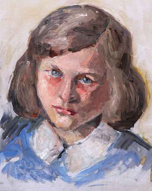 École FRANÇAISE circa 1930, Portrait de petite fille brune aux yeux bleus