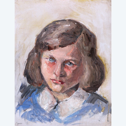 École FRANÇAISE circa 1930, Portrait de petite fille brune aux yeux bleus