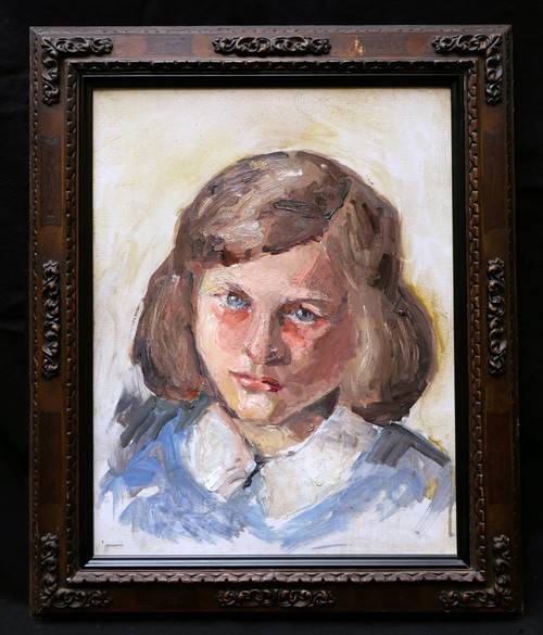 École FRANÇAISE circa 1930, Portrait de petite fille brune aux yeux bleus