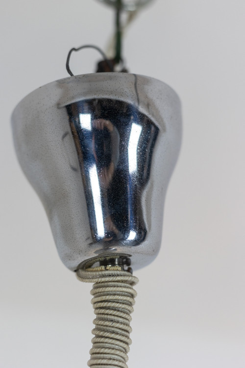 Lampada a sospensione in stile industriale in metallo spazzolato e opalino. Anni '70
