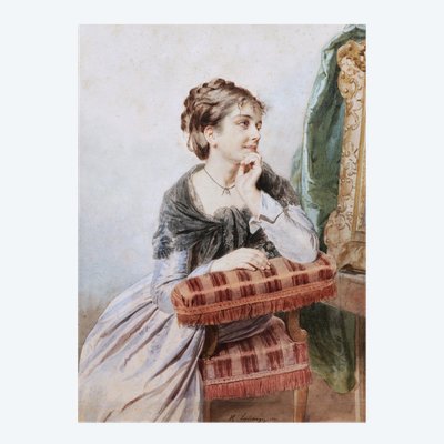 Henri Guillaume SCHLESINGER, Young woman seated admiring a painting