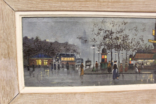 Huile Sur Toile Vue De Paris Animée Le Soir Vers 1900