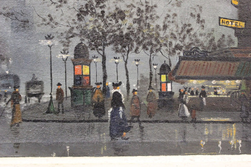 Huile Sur Toile Vue De Paris Animée Le Soir Vers 1900