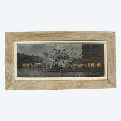 Huile Sur Toile Vue De Paris Animée Le Soir Vers 1900