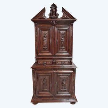 Small buffet two bodies gothic spirit in solid walnut - nineteenth