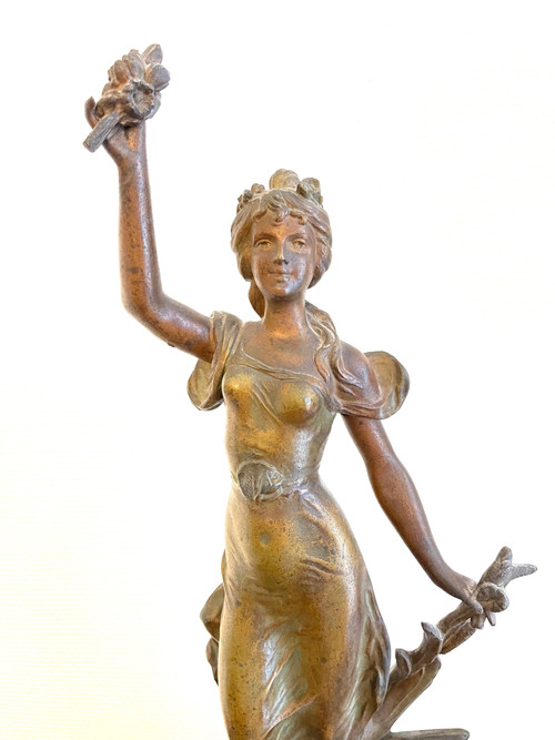Pink marble clock with Art Nouveau woman statue by Emile GUILLEMIN 19th