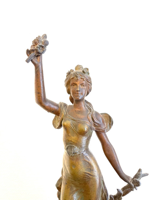 Pink marble clock with Art Nouveau woman statue by Emile GUILLEMIN 19th