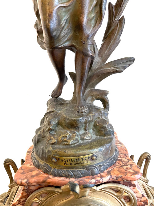 Pink marble clock with Art Nouveau woman statue by Emile GUILLEMIN 19th