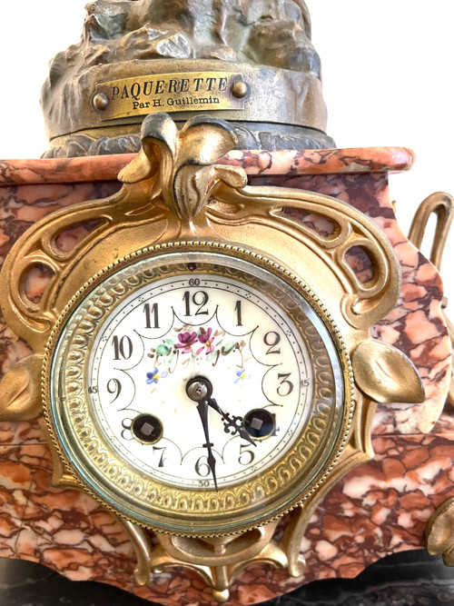 Pink marble clock with Art Nouveau woman statue by Emile GUILLEMIN 19th