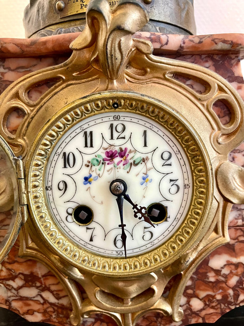 Pink marble clock with Art Nouveau woman statue by Emile GUILLEMIN 19th