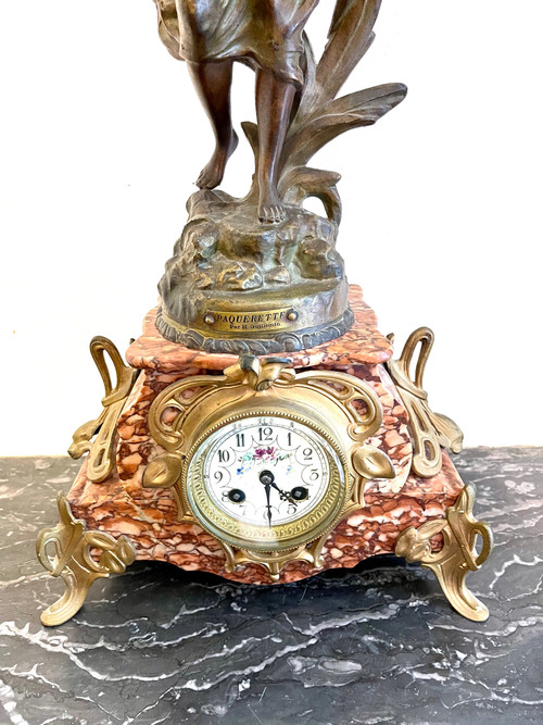 Pink marble clock with Art Nouveau woman statue by Emile GUILLEMIN 19th