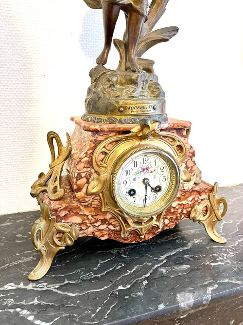 Pink marble clock with Art Nouveau woman statue by Emile GUILLEMIN 19th