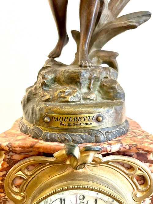 Pink marble clock with Art Nouveau woman statue by Emile GUILLEMIN 19th