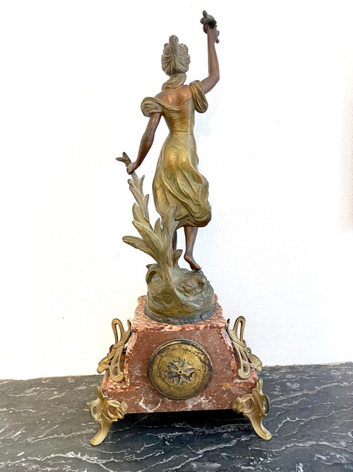 Pink marble clock with Art Nouveau woman statue by Emile GUILLEMIN 19th