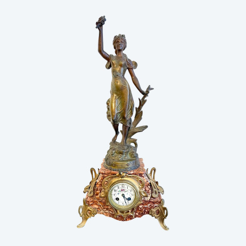 Pink marble clock with Art Nouveau woman statue by Emile GUILLEMIN 19th