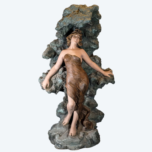 PALADINO, DONNA SULLA ROCCIA, terracotta Rocaille, fontana Art Nouveau, 78 cm