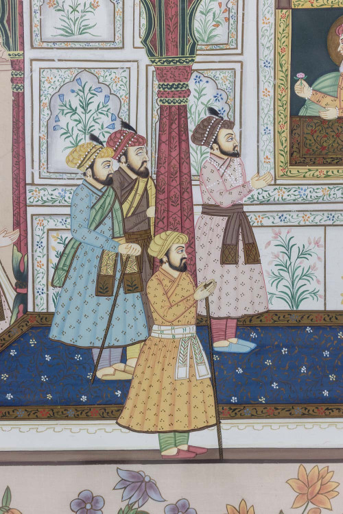 Watercolor on silk depicting a palatal scene. 1950s.