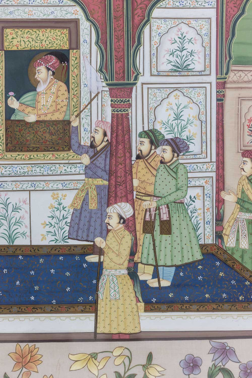 Watercolor on silk depicting a palatal scene. 1950s.