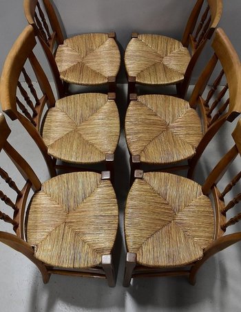 Suite of 6 Straw Chairs in Blond Cherry - 2nd half of the 19th century