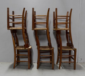 Suite of 6 Straw Chairs in Blond Cherry - 2nd half of the 19th century