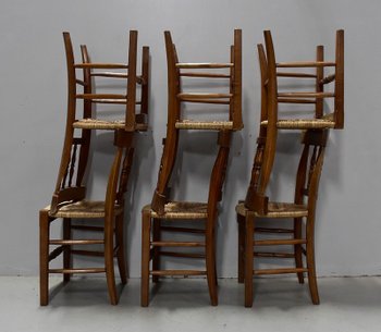 Suite of 6 Straw Chairs in Blond Cherry - 2nd half of the 19th century