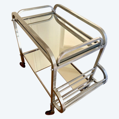 France, 1950s/60s, Aluminum Caster Table And Its Removable Jacques Adnet Style Top.