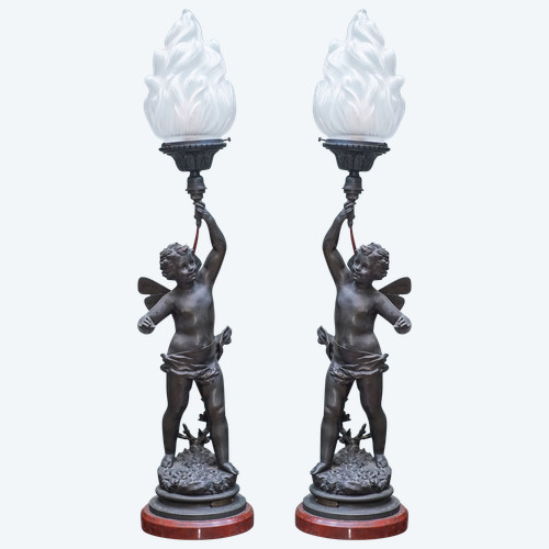 ANGES, "CHARMEUR" et "VAINQUEUR", par Ernest RANCOULET, paire de lampes flammes, régule