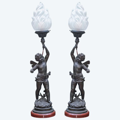 ANGELS, "CHARMER" and "VAINQUEUR", by Ernest RANCOULET, pair of flame lamps, regulates