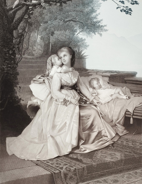 Large Engraving By Cottin After Brochart Maternity 19th C Etching Old Print