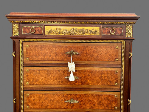 SEMAINIER XIXe DE STYLE LOUIS XVI EN MARQUETERIE DE CUBES ORNÉ DE BRONZE DORÉ