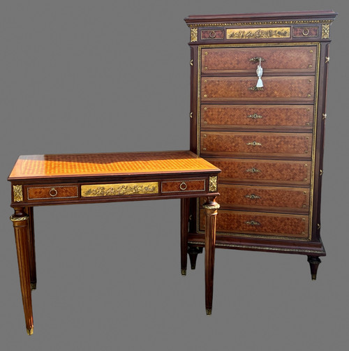 SEMAINIER XIXe DE STYLE LOUIS XVI EN MARQUETERIE DE CUBES ORNÉ DE BRONZE DORÉ