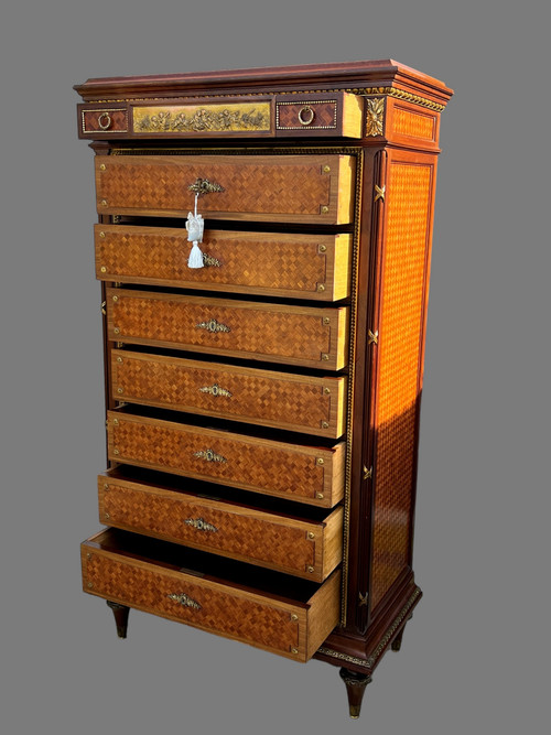 SEMAINIER XIXe DE STYLE LOUIS XVI EN MARQUETERIE DE CUBES ORNÉ DE BRONZE DORÉ