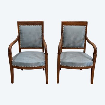 Pair of Solid Light Walnut Armchairs, Directoire Period - Late 18th Century - Early 19th Century