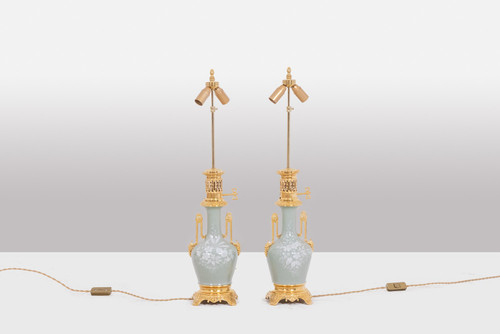 Pair of Celadon porcelain and gilded bronze lamps. Circa 1880.