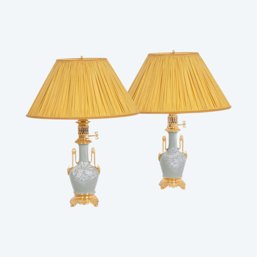 Pair of Celadon porcelain and gilded bronze lamps. Circa 1880.