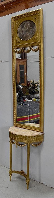  Set di Specchio Trumeau e Console Mezzaluna, in Legno Dorato - Fine XIX Secolo