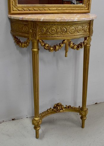  Set di Specchio Trumeau e Console Mezzaluna, in Legno Dorato - Fine XIX Secolo