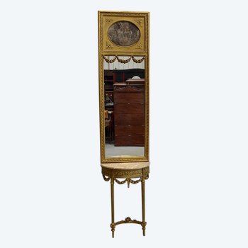  Set of Trumeau Mirror and Half-Moon Console, in Golden Wood - Late 19th Century