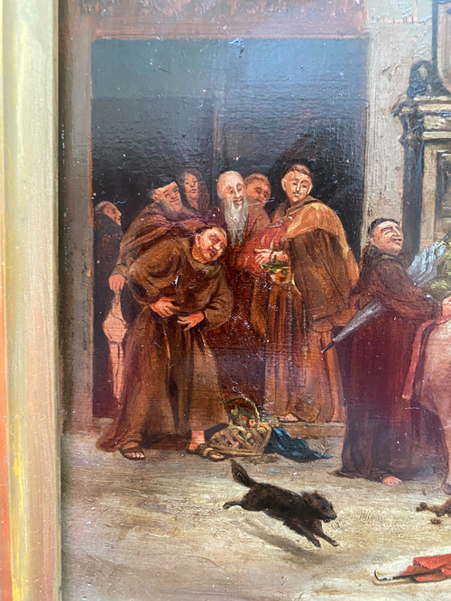 Scena ad olio su tavola di cibo trasportato da asini che arriva al convento francese Ec.XIX sec.