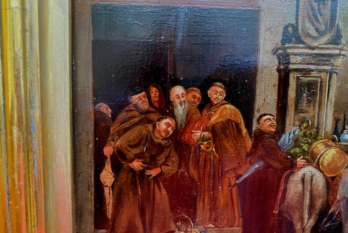 Scena ad olio su tavola di cibo trasportato da asini che arriva al convento francese Ec.XIX sec.