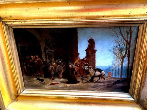 Scena ad olio su tavola di cibo trasportato da asini che arriva al convento francese Ec.XIX sec.