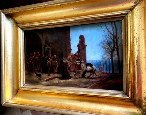 Scena ad olio su tavola di cibo trasportato da asini che arriva al convento francese Ec.XIX sec.
