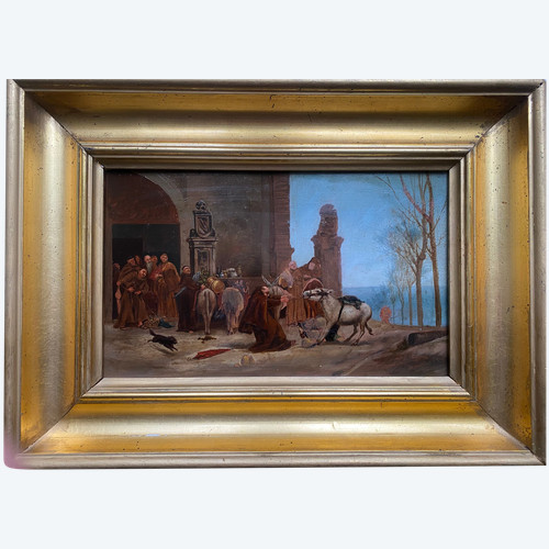 Oil on wood scene of the food carried by donkeys arriving at the convent French Ec.19th century