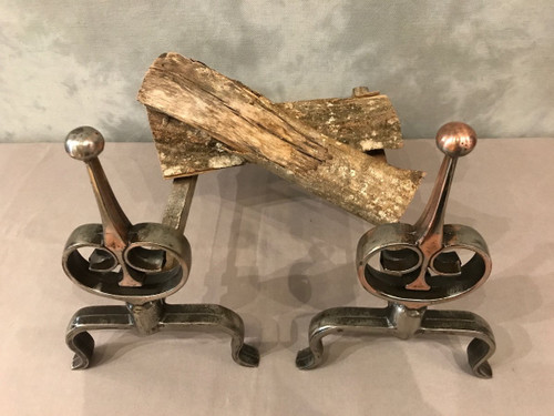 Pair of antique polished cast iron andirons, 20th century