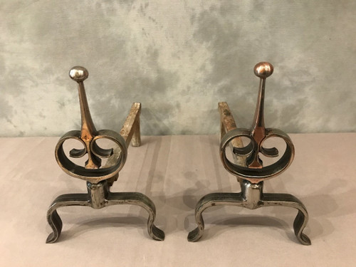 Pair of antique polished cast iron andirons, 20th century