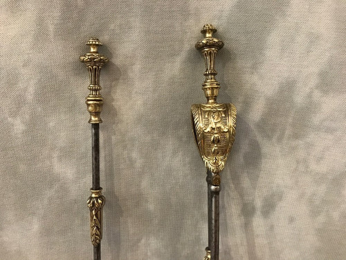 Set of an iron and bronze shovel and tongs, 19th century